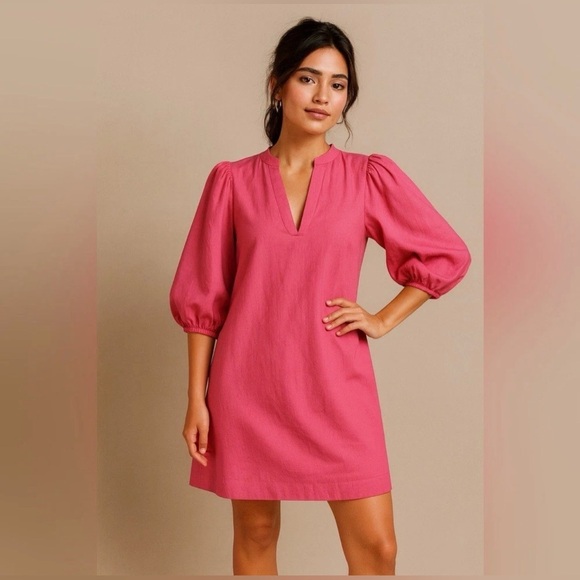 NWOT H&M Women’s Large Pink Linen Tunic Dress Balloon Sleeve L Resortwear HM - Picture 15 of 16
